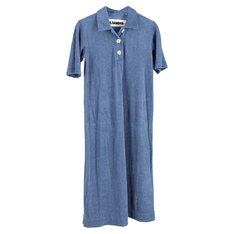 Jil Sander Shirt-Collar Solid Midi Dress in Light Blue Cotton