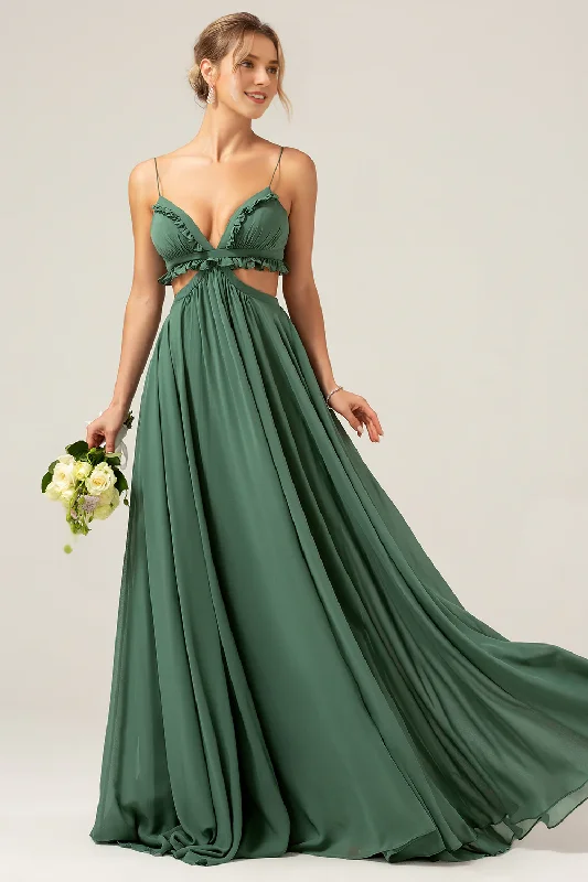 A-line thin shoulder strap backless chiffon eucalyptus long bridesmaid dress