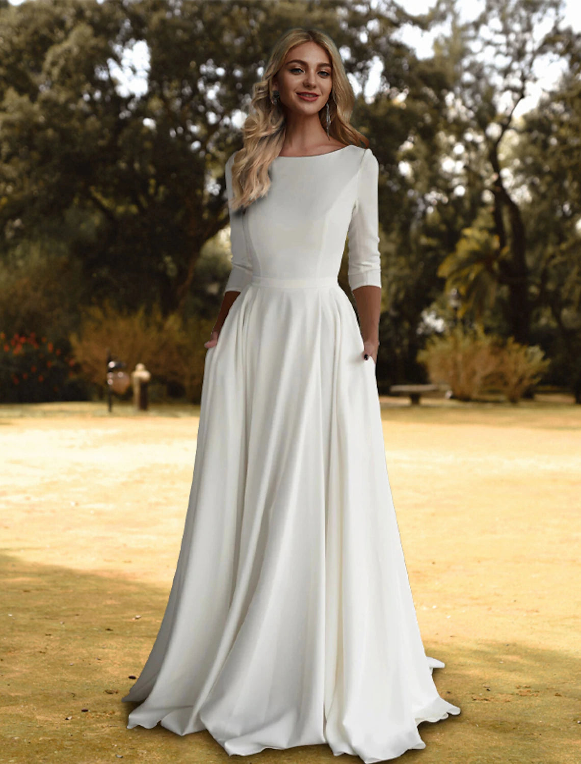 Hall Casual Fall Wedding Dresses A-Line Scoop Neck 3/4 Length Sleeve Sweep / Brush Train Stretch Fabric Bridal Gowns With Pleats Solid Color  Summer Wedding Party, Women's Clothing