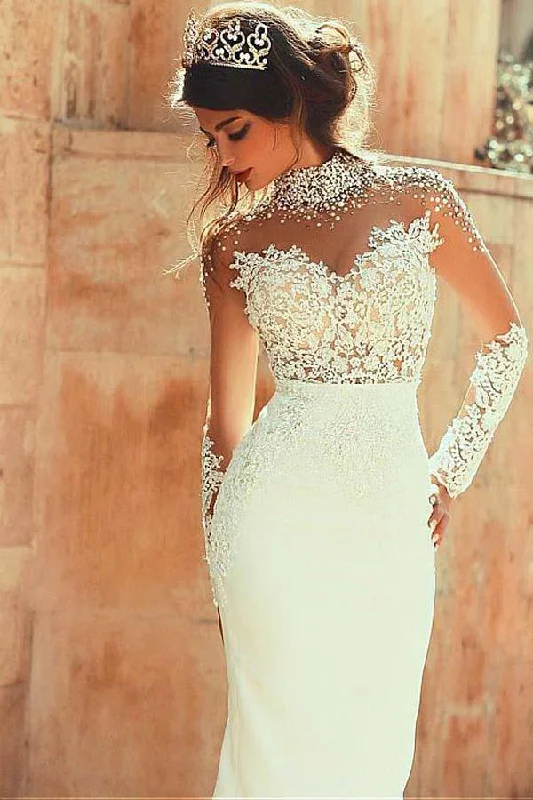 Long Sleeve Mermaid High Neck Lace Appliques Open Back Ivory Long Wedding Dresses