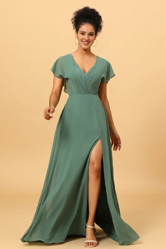 Eucalyptus A-line V-neck pleated long slit chiffon bridesmaid dress