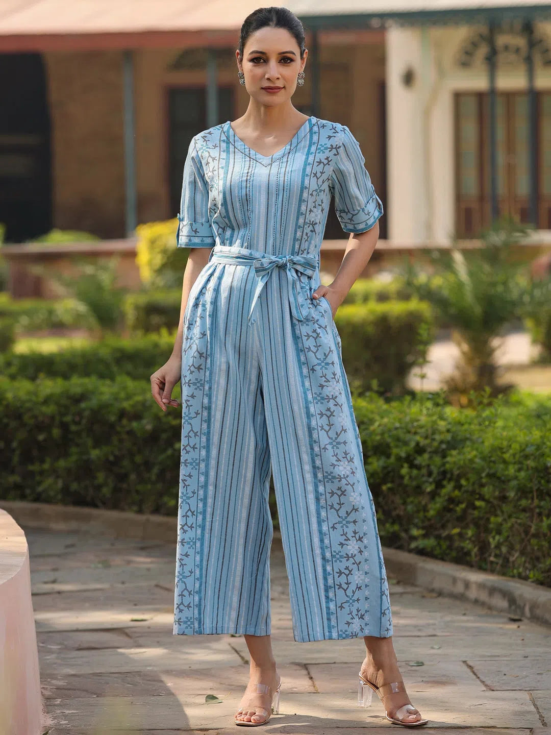 Women Geometric Straight Sky-Blue Jumpsuits & Sets