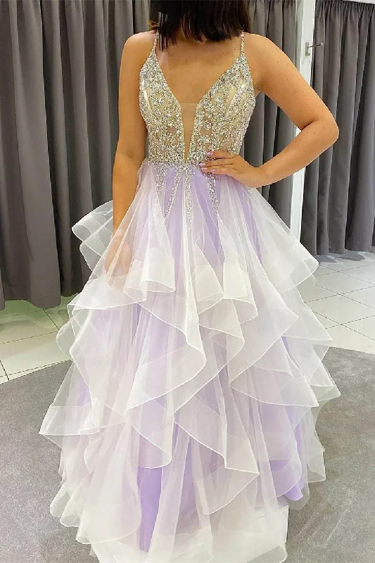 Gorgeous Beaded Lavender Layers Long Formal Dress