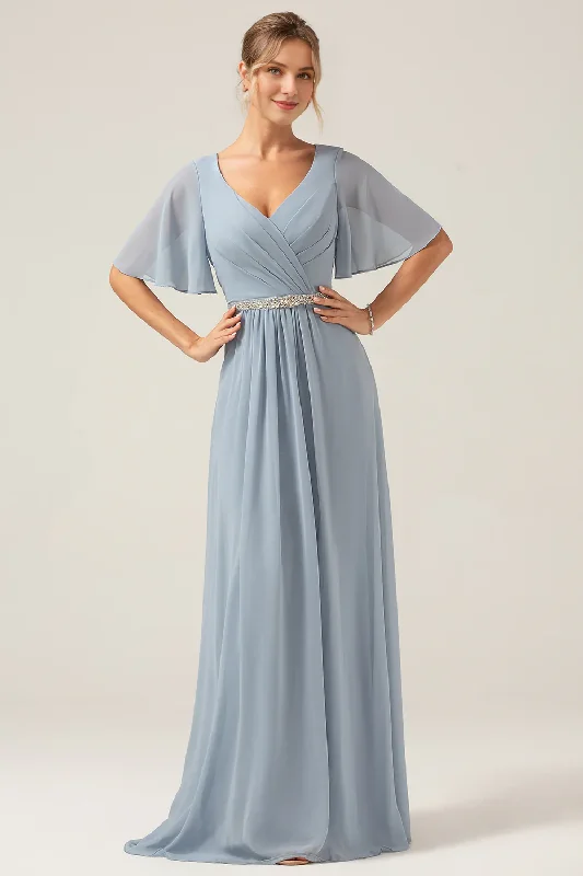 Grey blue A-line V-neck chiffon short sleeved and floor length bridesmaid dress