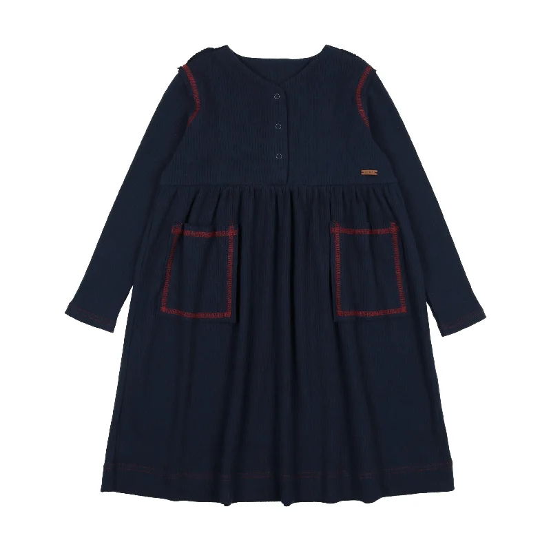 Lil Legs Ribbed Placket Long Sleeve Dress - Navy/Red