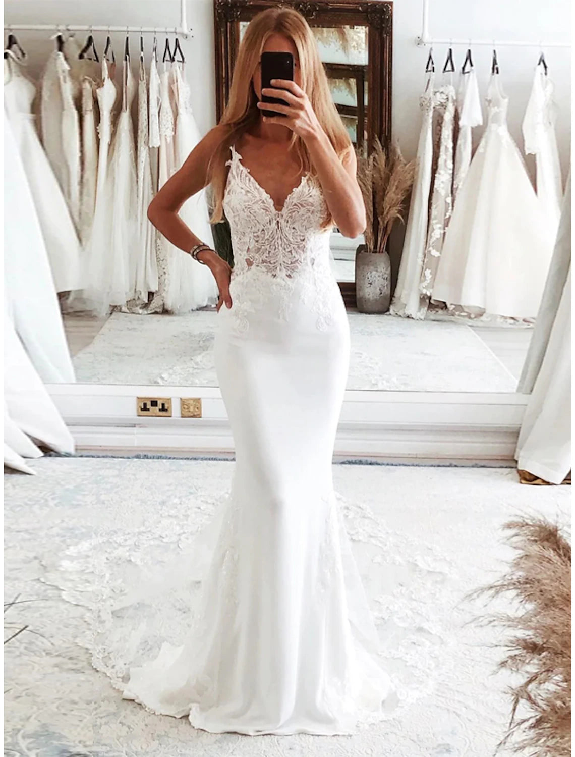 Reception Formal Wedding Dresses Mermaid / Trumpet Camisole Sleeveless Court Train Tulle Bridal Suits Bridal Gowns With Appliques Summer Wedding Party, Women's Clothing