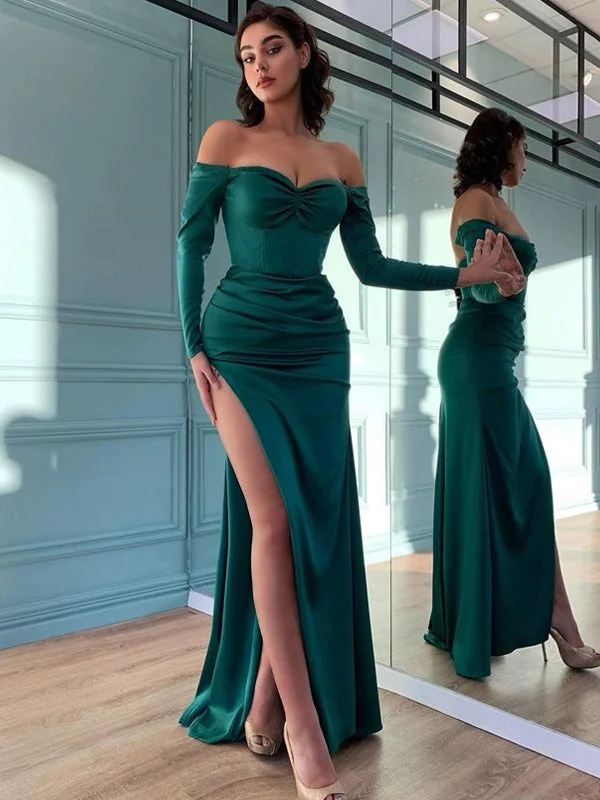 Off Shoulder Long Sleeves Emerald Green Prom Dresses, High Side Slit Prom Dresses, Sexy Sheath Prom Dresses, Newest Prom Dresses