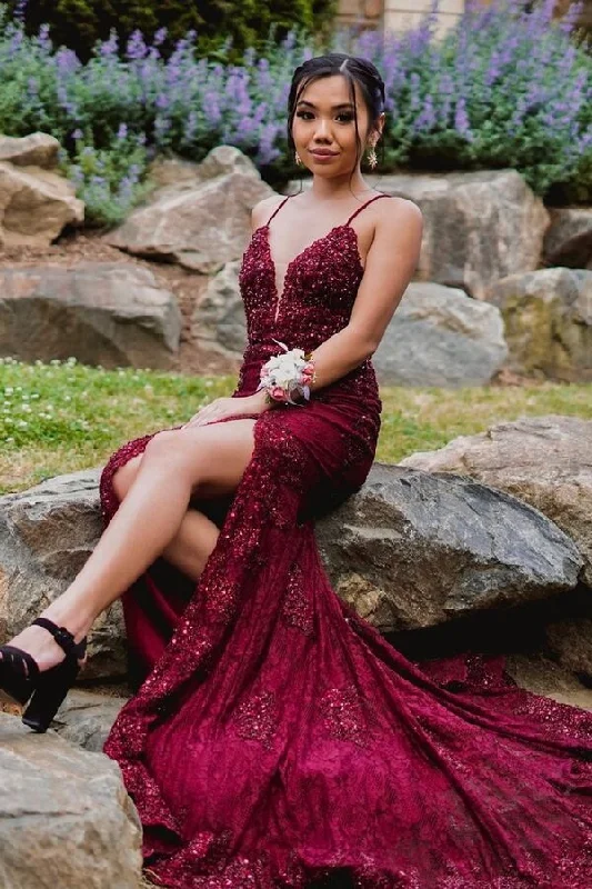 Mermaid Burgundy Long Formal Dress with Slit