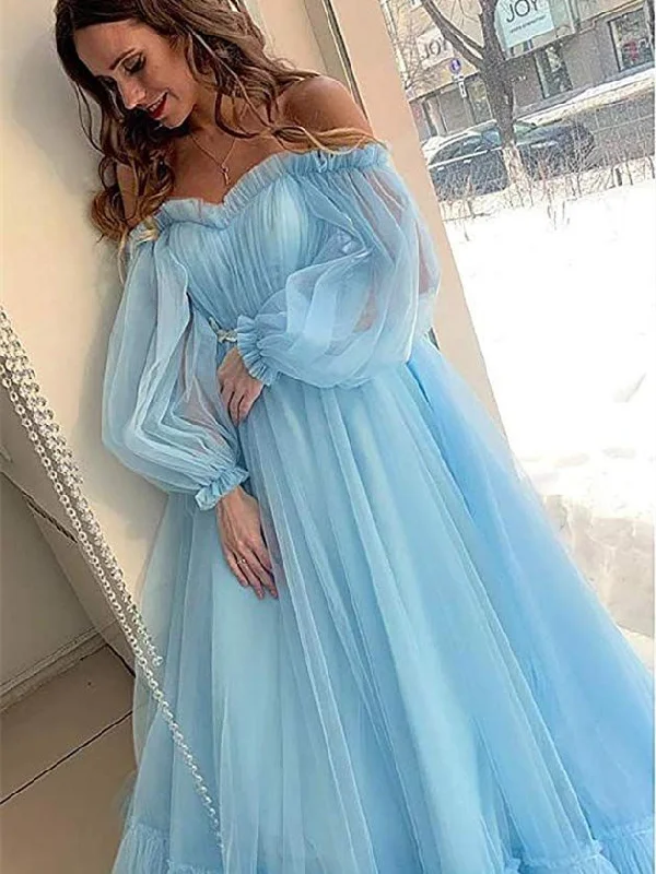 Off Shoulder Bubble Sleeved Prom Dresse, Lovely Prom Dresses, 2021 Prom Dresses, Popular Prom Dresses