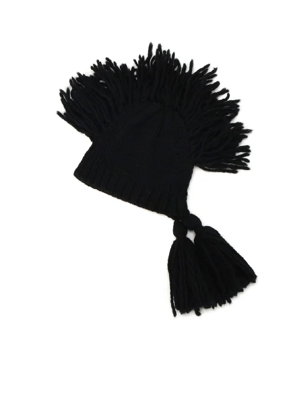 KNITTED WOOL JERSEY HAT WITH TASSELS AND SPIKES