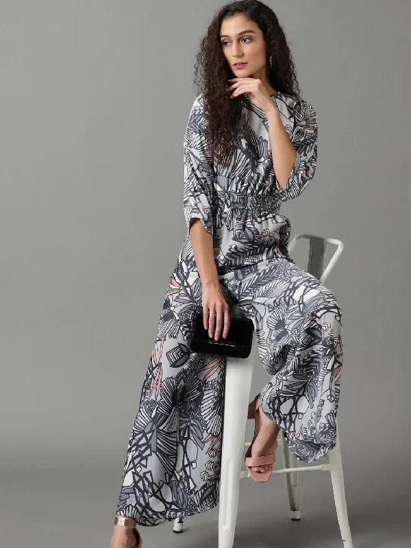 Women's Blue Printed Jumpsuit-AE-15835-Blue