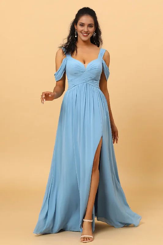 Steel blue A-line V-neck off shoulder chiffon bridesmaid dress