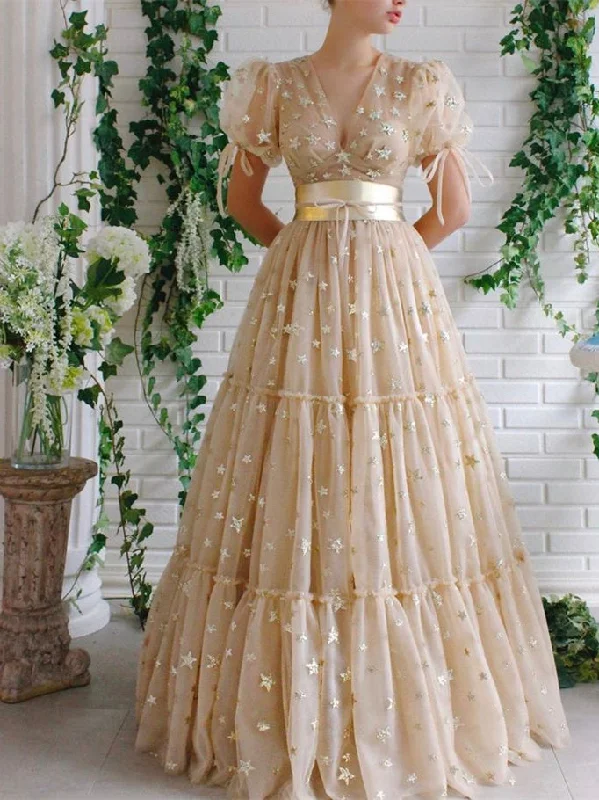 V-neck Champagne Star Tulle Prom Dresses, A-line Prom Dresses, Princess Dresses, 2023 Prom Dresses, Affordable Prom Dresses