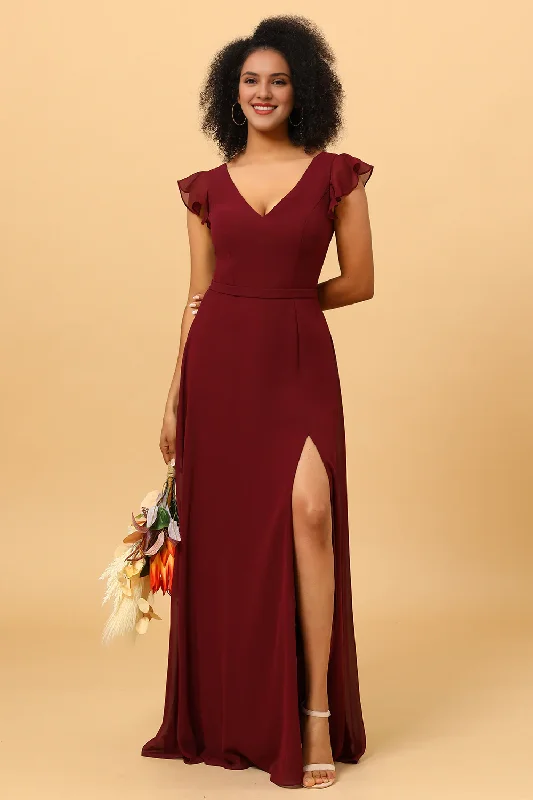 Cabernet A Line V-neck strapless long slit chiffon bridesmaid dress