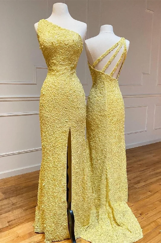 Yellow One Shoulder Mermaid Sequins Formal Dress