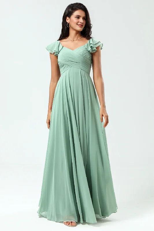 Lace up back cross A-line chiffon green ruffled bridesmaid dress