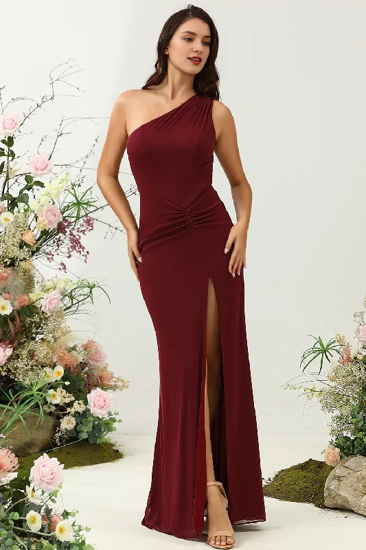 Wine red slit fish tail one shoulder chiffon bridesmaid dress