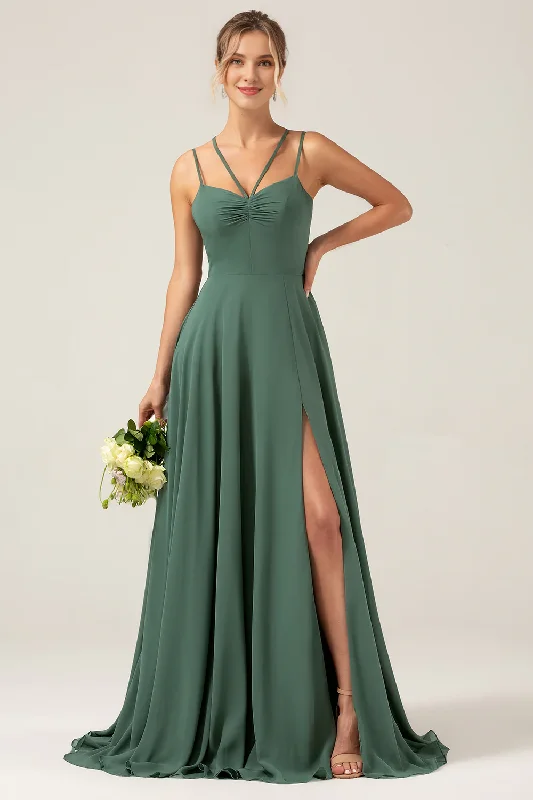 A-line slim shoulder strap slit chiffon eucalyptus bridesmaid dress