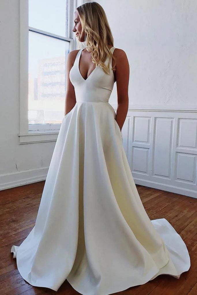 Elegant V Neck Ivory Wedding Dresses with Pockets Open Back Satin Wedding Gowns