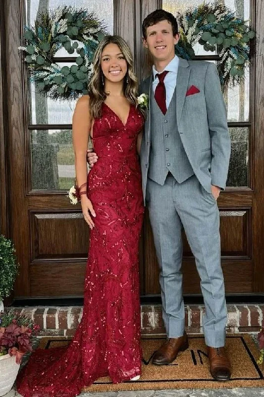 Burgundy Spaghetti Straps V-Neck Sequins Appliques Mermaid Prom Dress