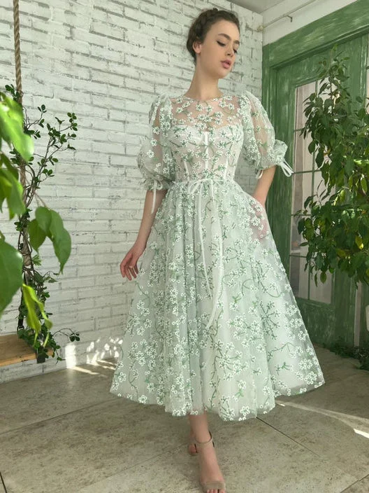 Illusion Puff Sleeves Mint Prom Dresses, Tea Length Prom Dresses, 2022 Prom Dresses, Newest Prom Dresses, Affordable Prom Dresses