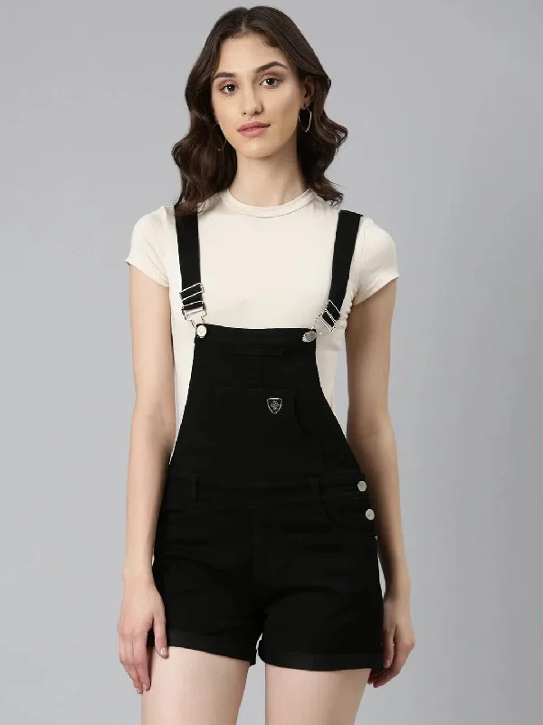 Women Black Solid Dungaree-LT-DS-7228-Black