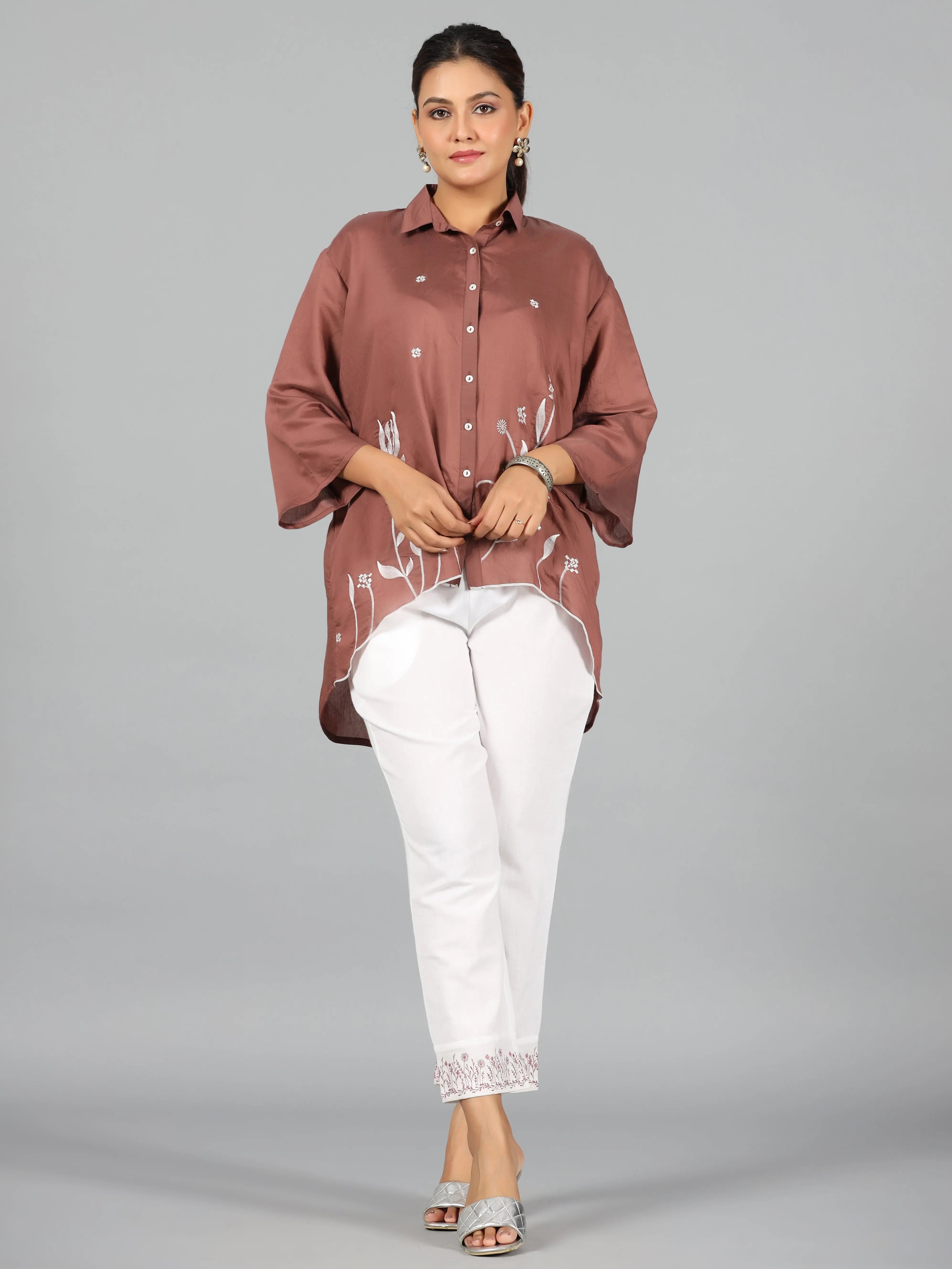 Women Embroidered Standard Brown Jumpsuits & Sets