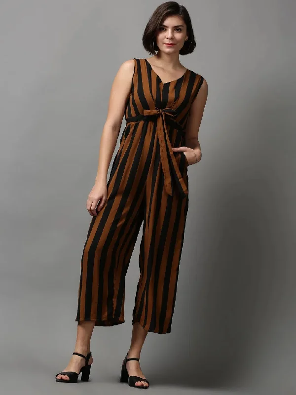 Women's Brown Striped Jumpsuit-AE-15647-Brown