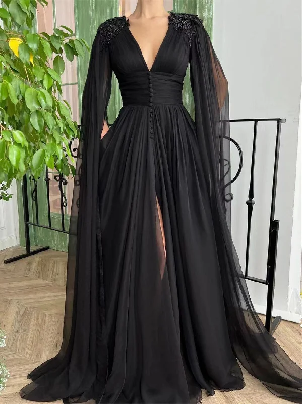 V-neck Black Tulle Prom Dresses, Elegant Prom Dresses, Newest 2022 Prom Dresses, A-line Prom Dresses