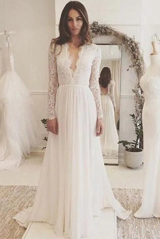 Off White Chiffon Open Back Long Sleeves Wedding Dress Simple A Line V Neck Lace Prom Dress