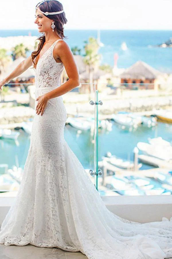 Elegant Mermaid Lace V-neck Court Train Ivory Sleeveless Beach Wedding Dresses