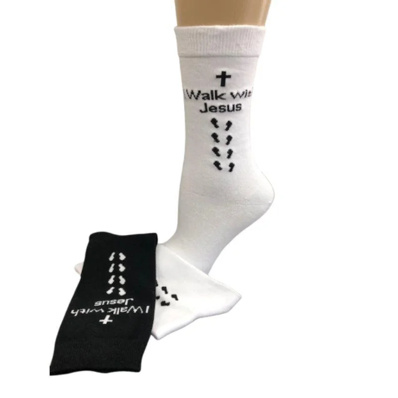 Inspirational Crew Socks for Men & Women in Combed Cotton  "I Walk with Jesus" Motto