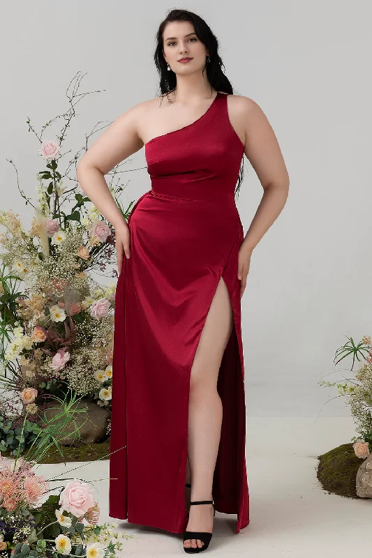 Wine red tight thin shoulder strap shiny satin plus slit bridesmaid dress