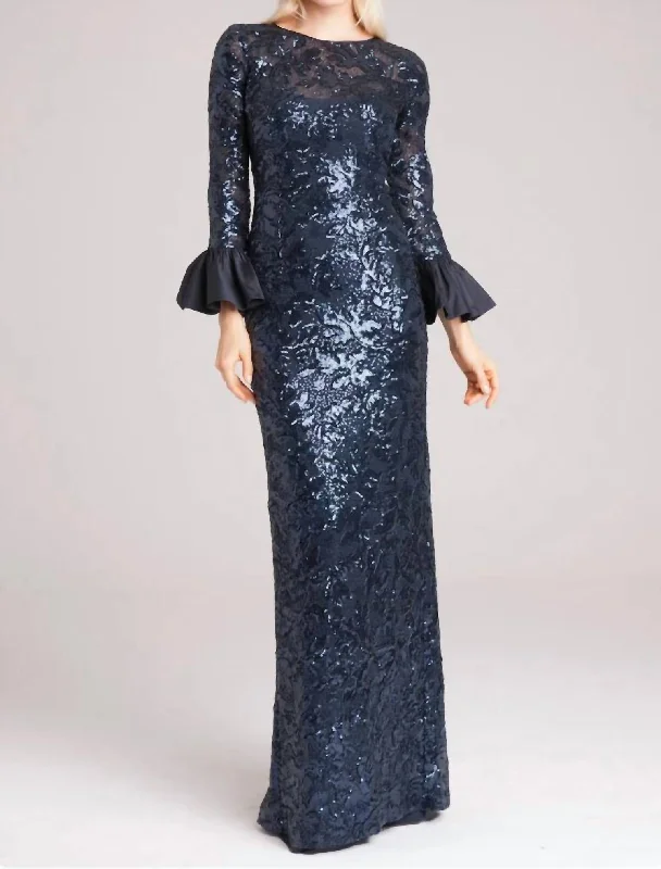 Long Bell Sleeve Sequin Sheath Gown In Navy