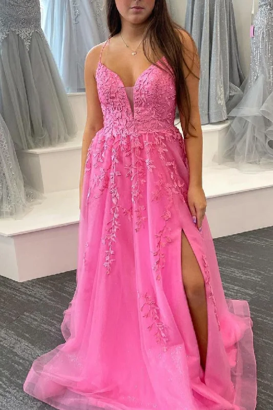 A-Line Hot Pink Lace Long Formal Dress with Lace-Up Back