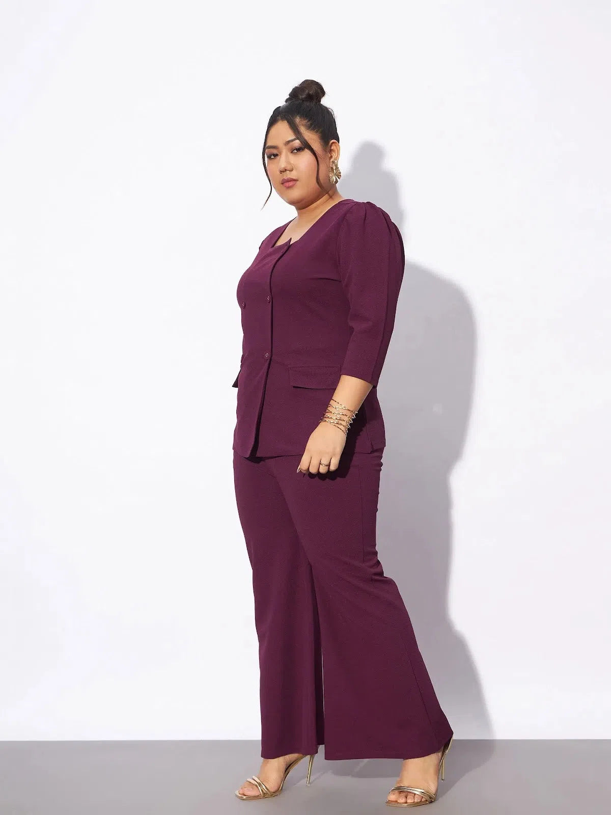 Women Burgundy Front Button Top With Straight Pants