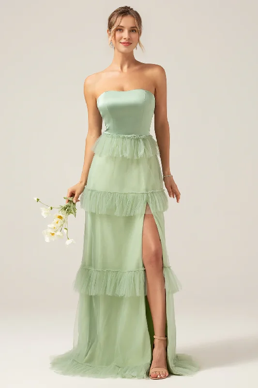 Matcha A-line layered strapless layered long slit bridesmaid dress