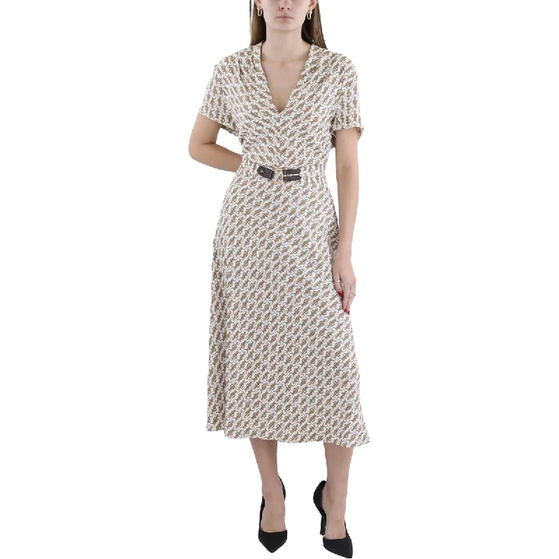 Womens Printed Tea Length Midi Dress