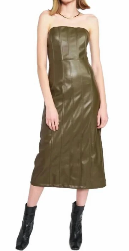 Vegan Leather Midi Dress in Olive