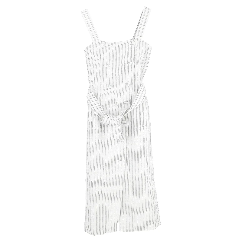 Altuzzara Audrey Striped Belted Midi Sleeveless Dress in White Linen