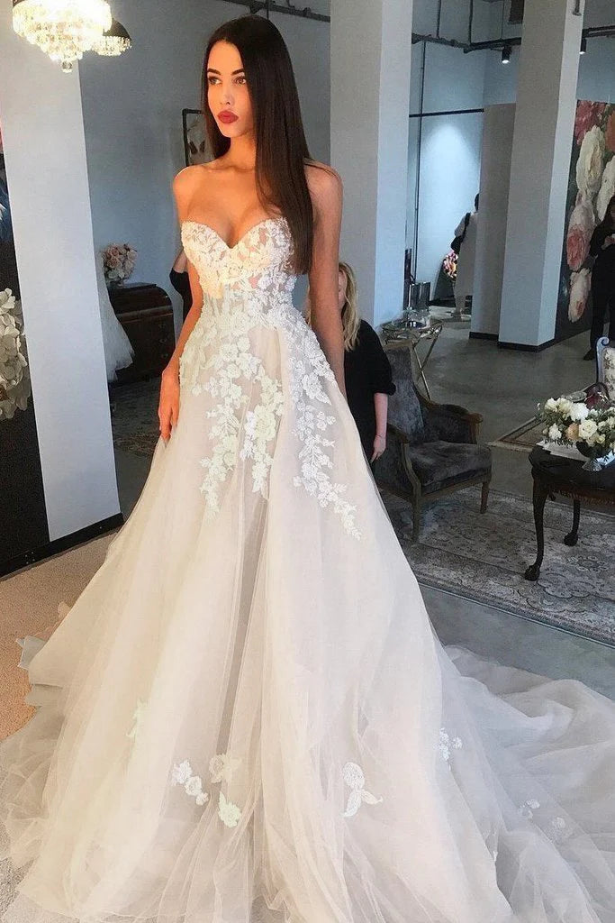 Princess A Line Sweetheart Tulle Lace Applique Ivory Wedding Dress Long Bridal Dresses