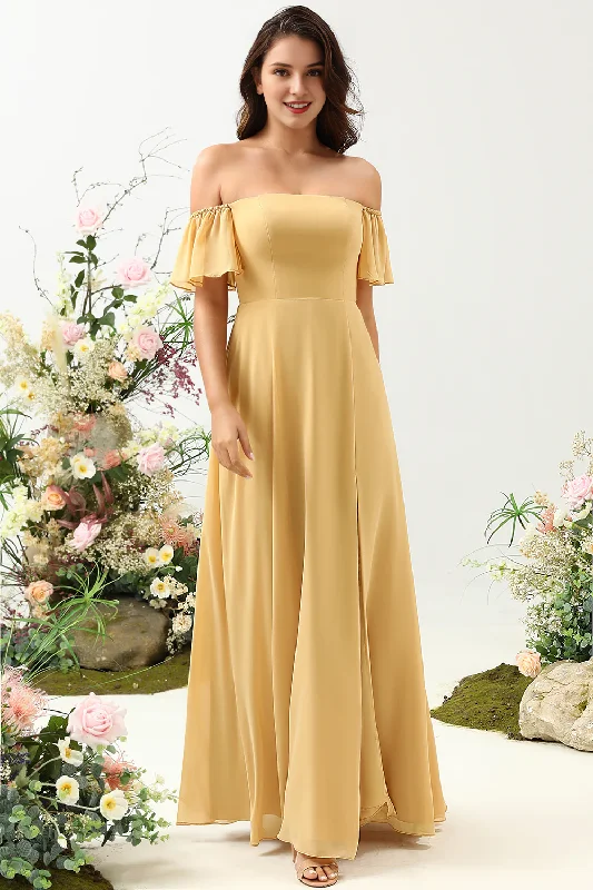 Yellow ruffled A-line shoulder chiffon long bridesmaid dress