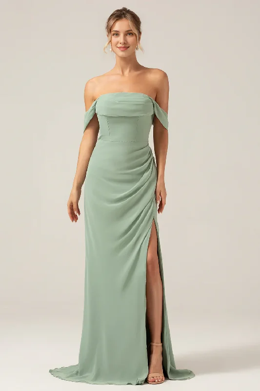 Dusty Sage off shoulder pleated chiffon slit bridesmaid dress