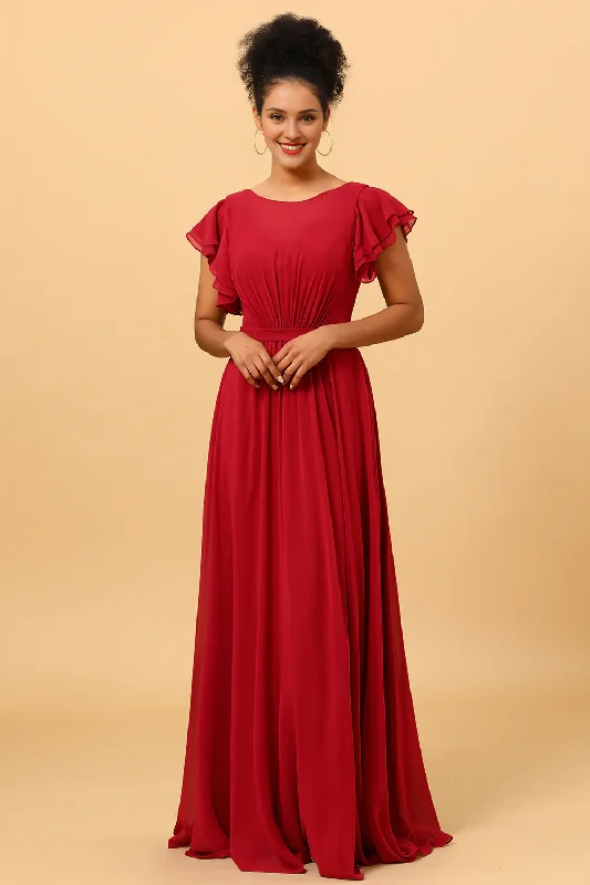 Wine red ruffled pleated long chiffon bridesmaid dress