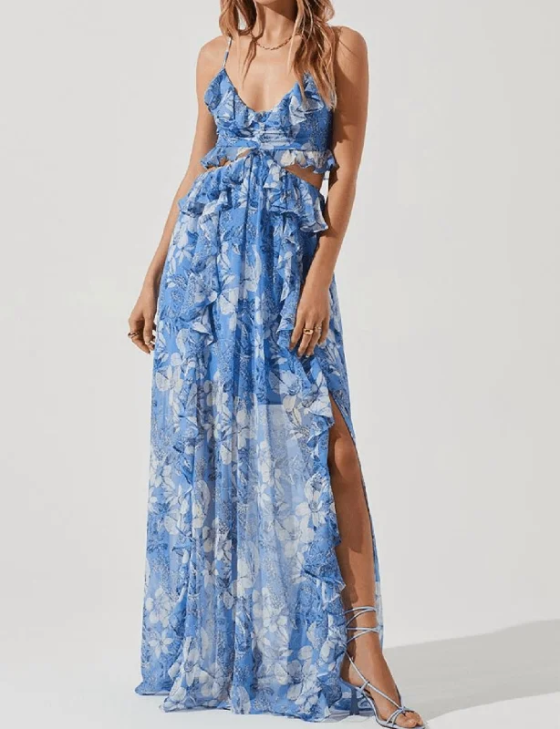 Palace Cut Out Floral Maxi Dress In Blue/white