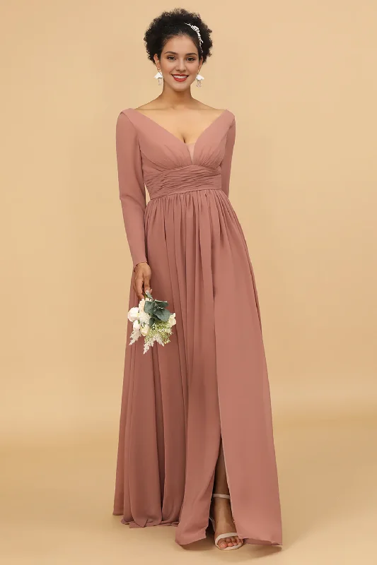 Pink V-neck long sleeved slit chiffon bridesmaid dress