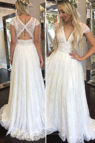 Simple Deep V Neck Lace Appliques Open Back Ivory Wedding Dresses Bridal Gowns