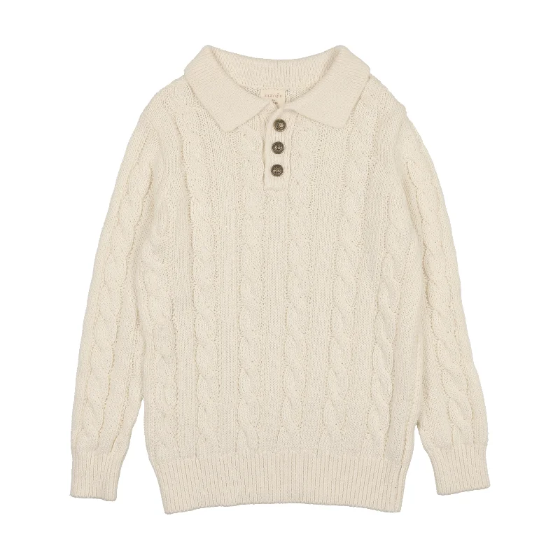 Analogie Cable Knit Long Sleeve Polo - Cream