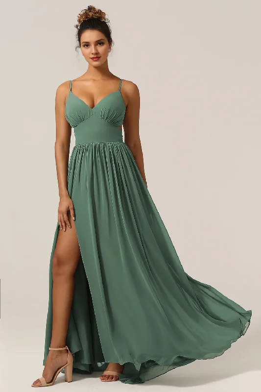 Eucalyptus A-line thin shoulder strap and ground chiffon slit bridesmaid dress