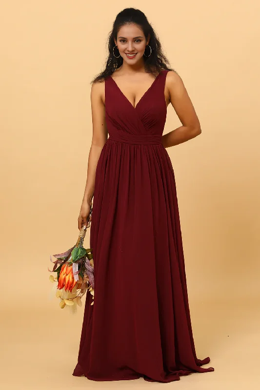 Cabernet A Line V-neck pleated and floor length chiffon bridesmaid dress